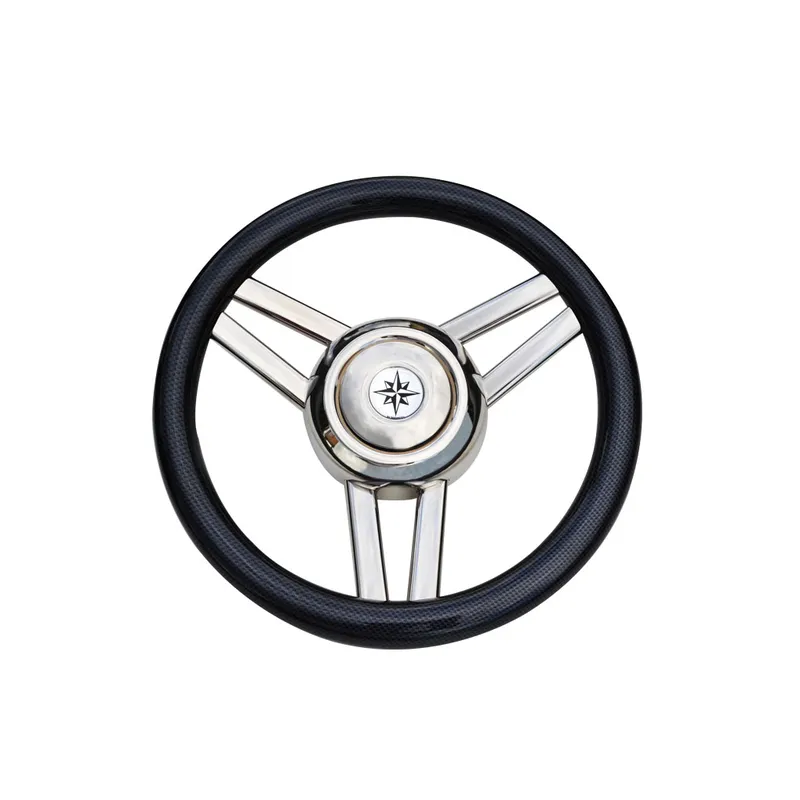 3-Speichen Steuerrad 'Modell 26' Niro mit Schwarzem Polyurethan Griff, Ø350mm, Tiefe 60mm