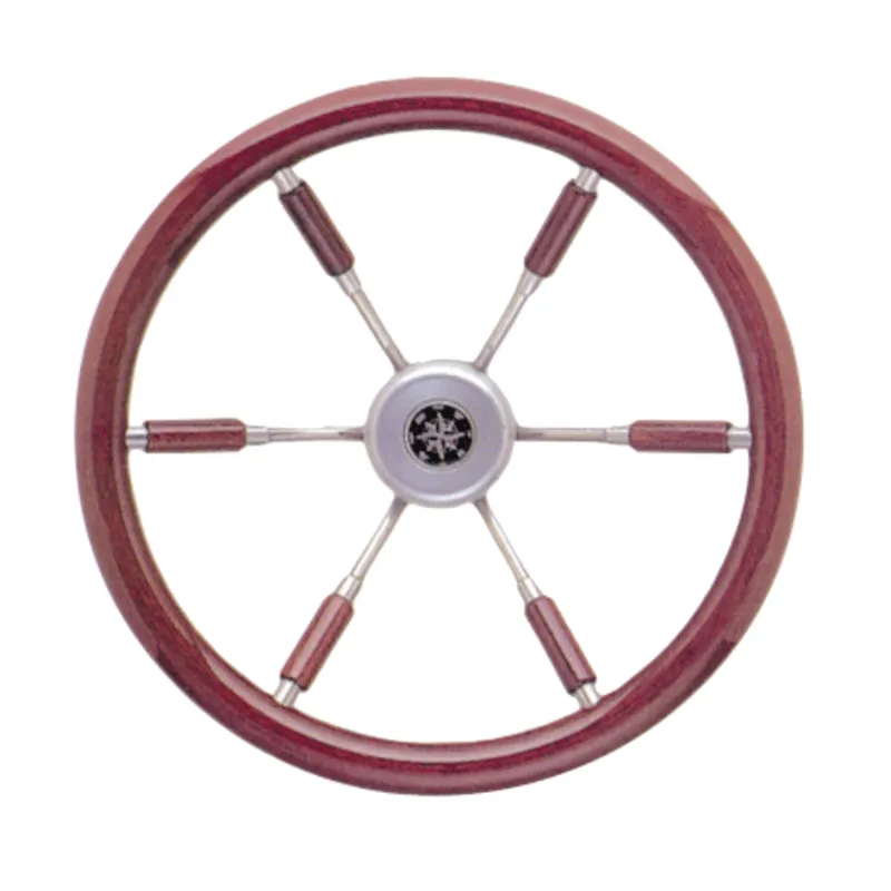 6-Speichen Steuerrad 'Leader Prestige' Niro mit Mahagoni Griff und Teilweise Speichen, Ø390mm, Tiefe 100mm
