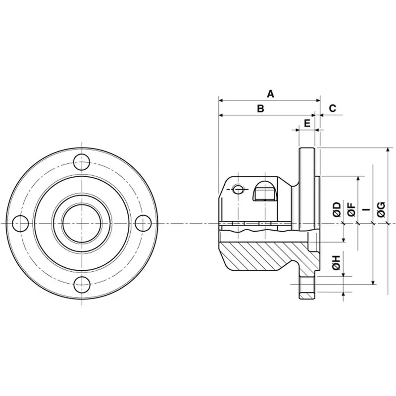 Stählerner Klemmflansch mit Zentrierrand, Ø35mm-Welle, Zentrierrand Ø63,5mm, Lochkreis Ø82,5mm, 4x Ø10,5mm